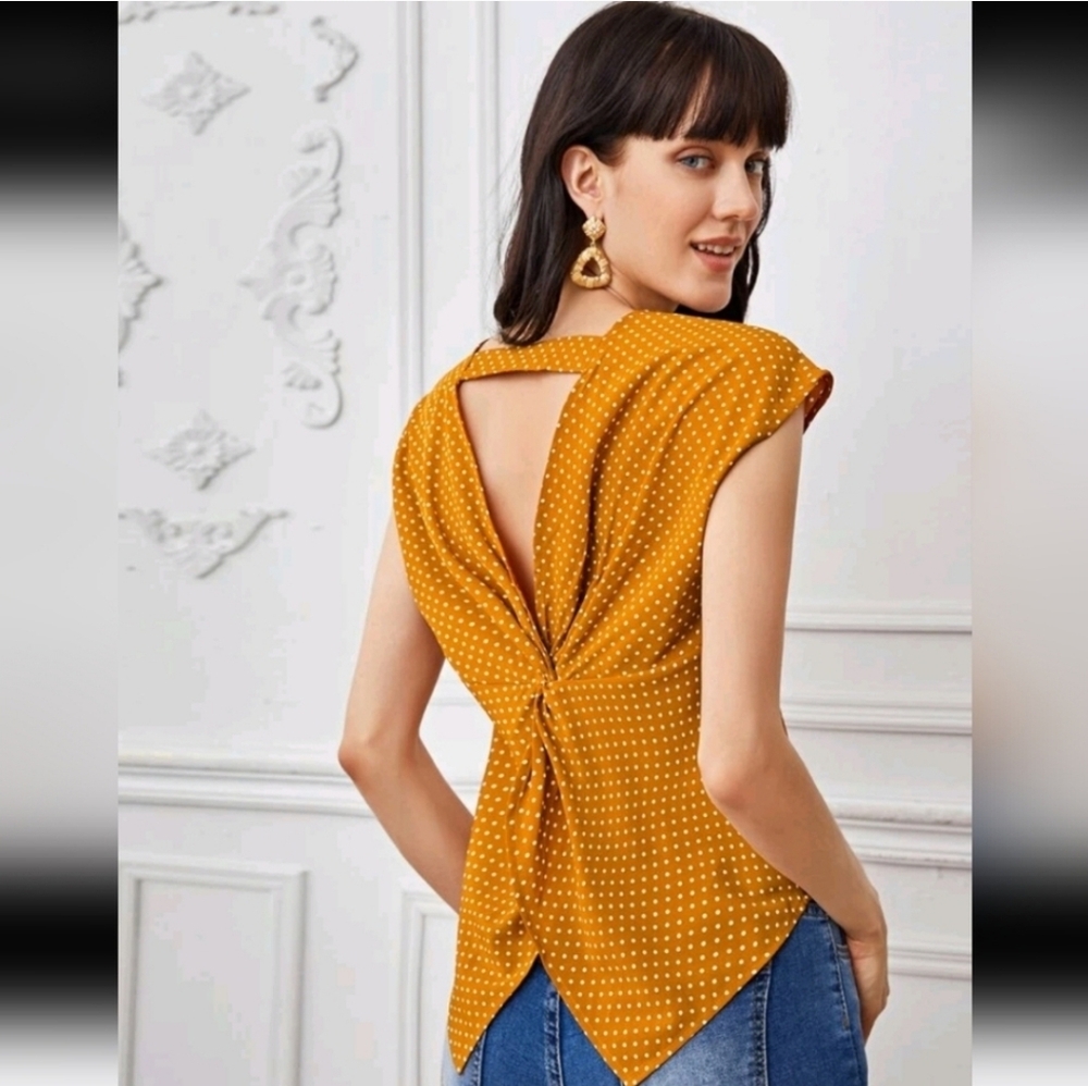 NIB Shein Yellow Polka Dot Cap Sleeve Blouse Size L